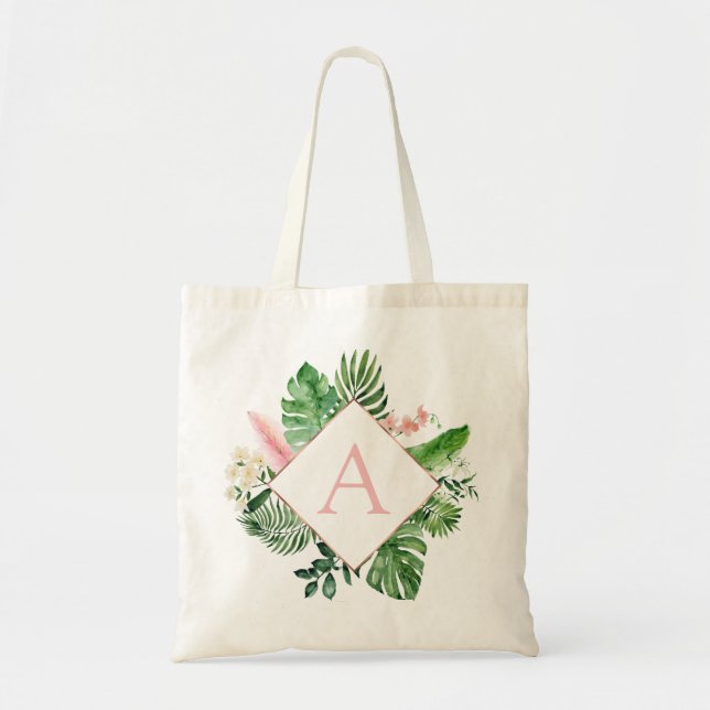 Tropical Palms Monogram Blush Pink Wedding Tragetasche (Vorne)