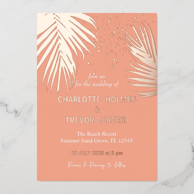 Tropical Palms Summer Beach Wedding Gold Folieneinladung (Vorderseite)