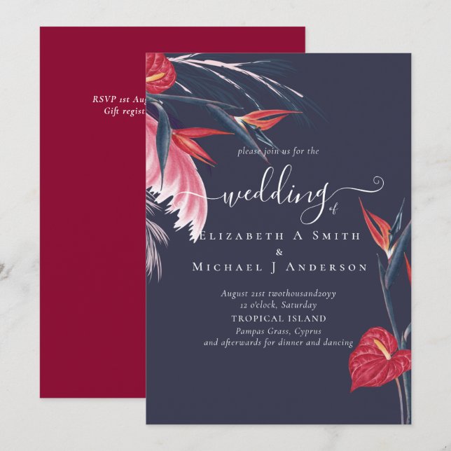 Tropical Pampas Grass Navy Berry Wedding Einladung (Vorne/Hinten)