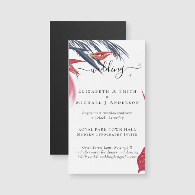 Tropical Pampas Grass Navy Berry Wedding Magnetkarte (Vorne/Hinten)