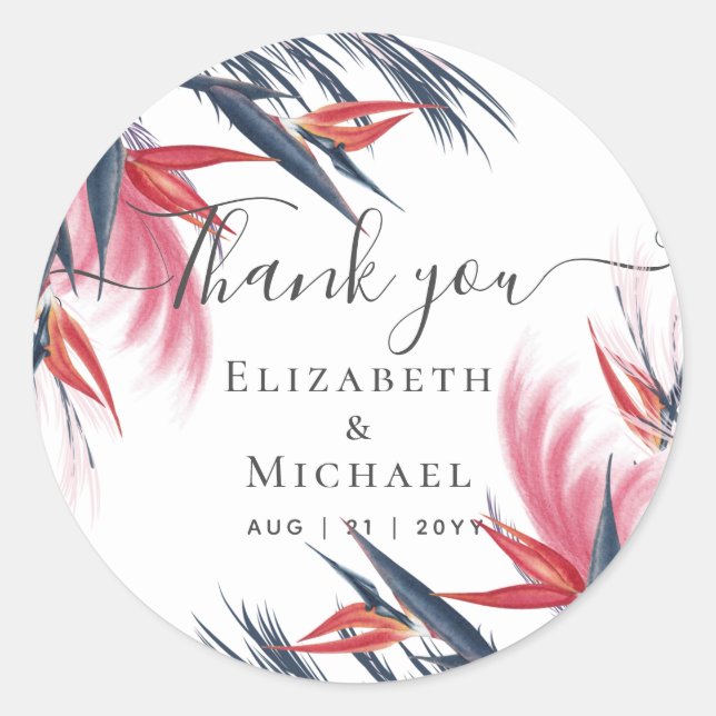 Tropical Pampas Grass Navy Berry Wedding Runder Aufkleber (Vorderseite)