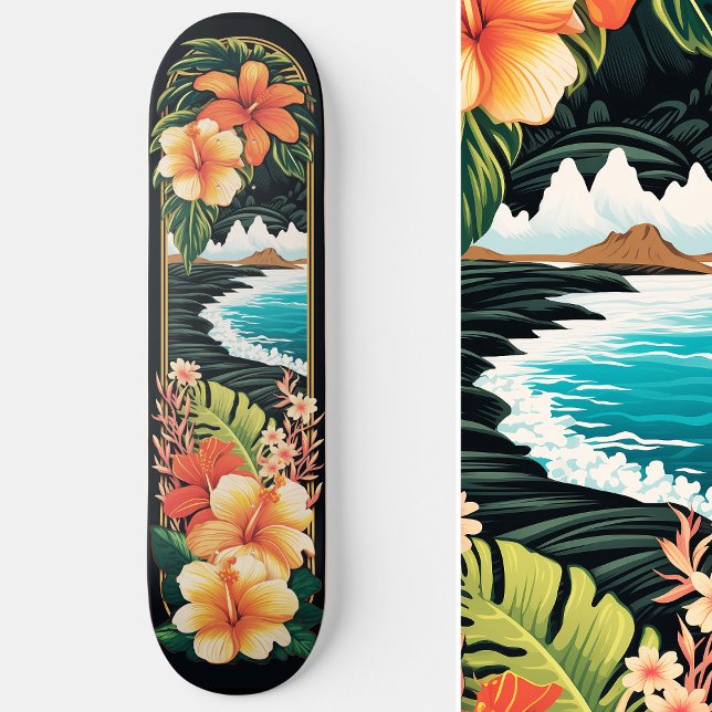 Tropical Paradise Beach & Blume Art Skateboard (Tropical Paradise Beach & Flowers Art Skateboard)