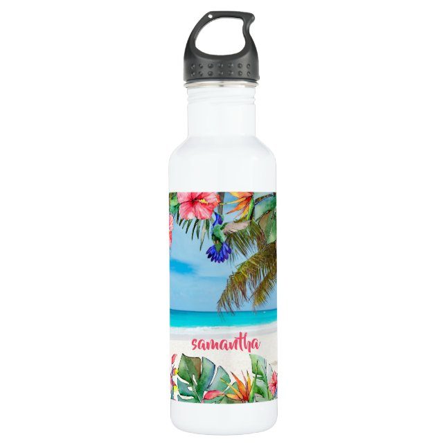 Tropical Paradise Beach Floral Hawaiian Edelstahlflasche (Vorderseite)
