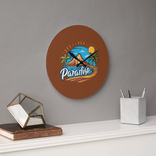 Tropical Paradise Island Logo Art Große Wanduhr (Büro)