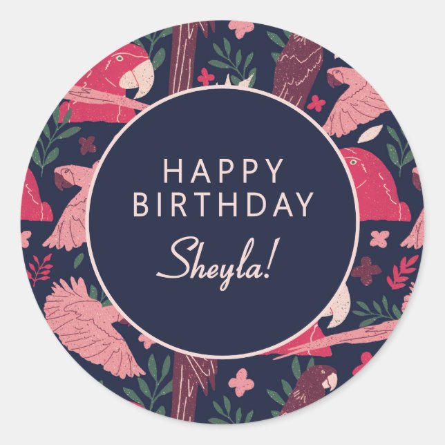 Tropical Parrot Happy Birthday Sheyla Custom  Runder Aufkleber (Vorderseite)