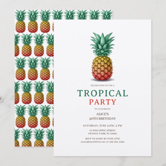 Tropical Party with retro pineapple Invitation Einladung (Vorne/Hinten)