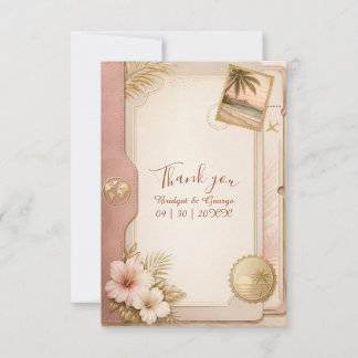 Tropical Passport-Hochzeit in Blush Gold Dankeskarte