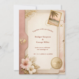 Tropical Passport-Hochzeit in Blush Gold Einladung