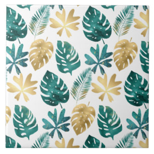 Tropical Pattern Green Yellow Gold Palm Blätter Fliese