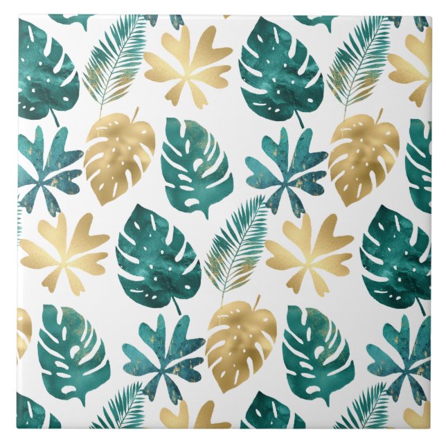 Tropical Pattern Green Yellow Gold Palm Blätter Fliese (Vorderseite)