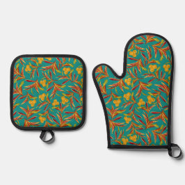 Tropical Pattern with Red and Yellow Leaves Ofenhandschuh & Topflappen-Set