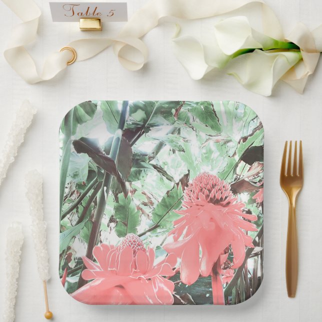 Tropical Peach Garden Wedding Square Pappteller (Hochzeit)