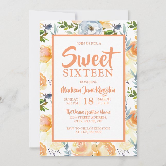 Tropical Peach Summer Spring Sweet 16 Einladung (Vorderseite)