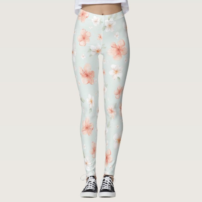 Tropical Peach White Hibiscus Flowers Leggings (Vorderseite)