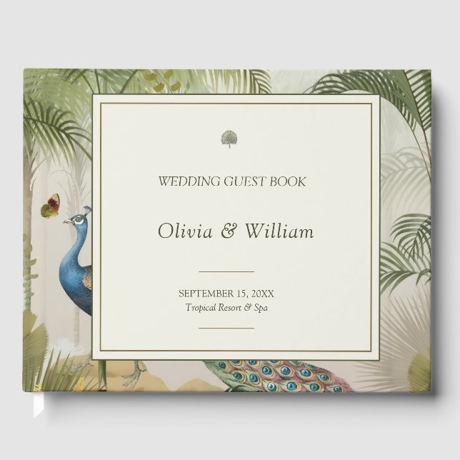Tropical Peacock Palm Wedding Guest Book Gästebuch (Vorderseite)