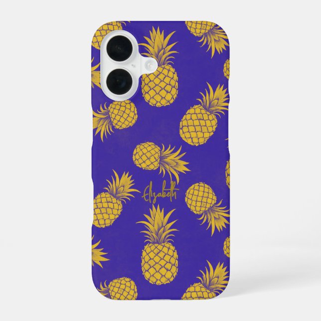 Tropical Pineapple with Name – Watercolor Style iPhone 16 Hülle (Rückseite)