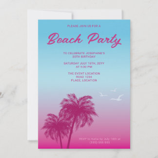 Tropical Pink Blue Beach Party Palmen Bäume Geburt Einladung