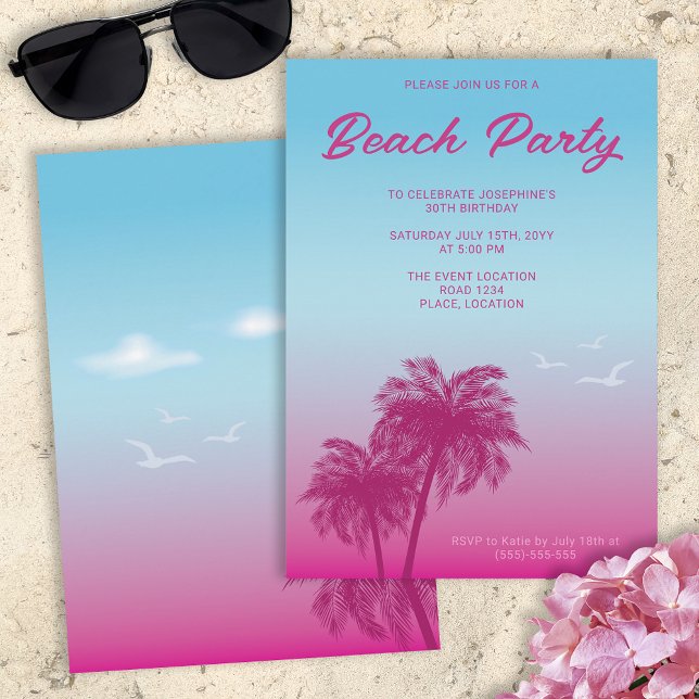 Tropical Pink Blue Beach Party Palmen Bäume Geburt Einladung (Von Creator hochgeladen)