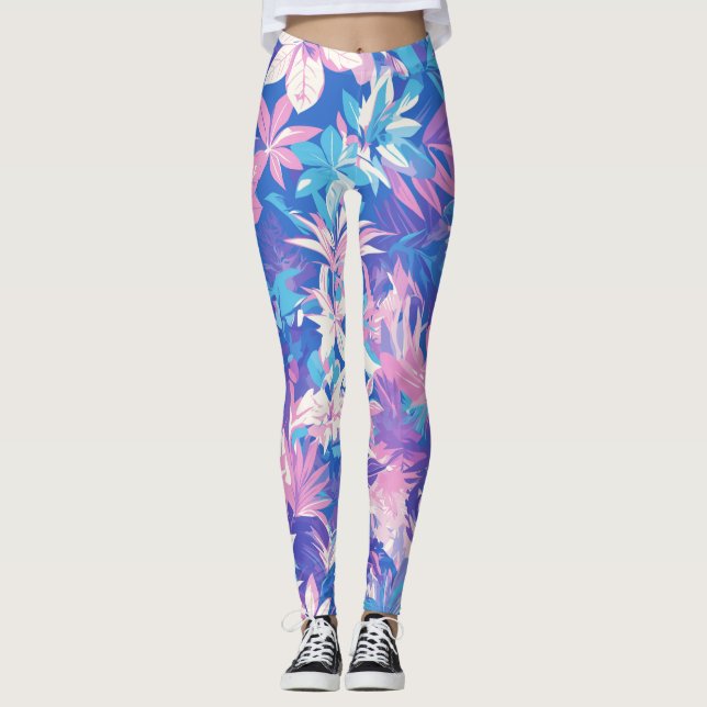 🌺 Tropical Pink & Blue Floral Pattern - Fresh & V Leggings (Vorderseite)