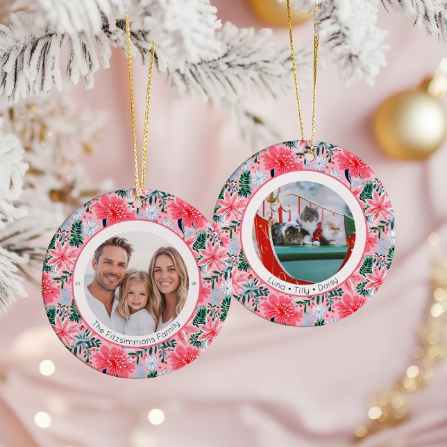 Tropical Pink Christmas Floral 2 Family Photos Keramik Ornament (Pink Tropical Floral Christmas two sided photo ornament)