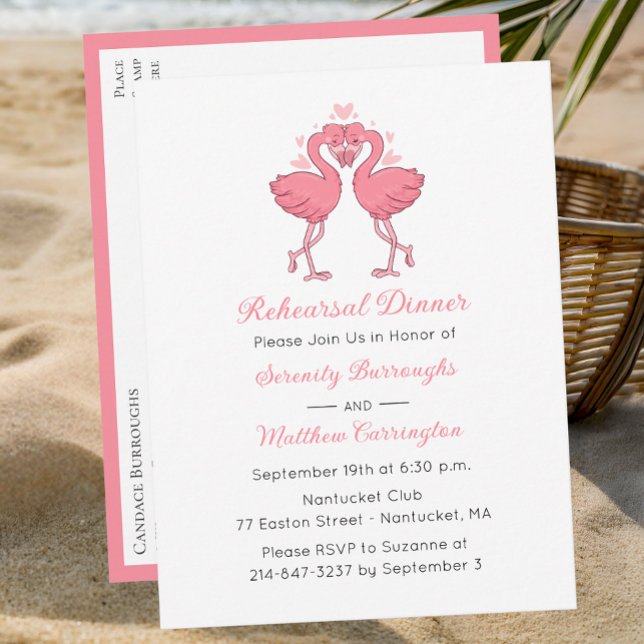 Tropical Pink Flamingo Beach Rehearsal Dinner Einladungspostkarte (Von Creator hochgeladen)