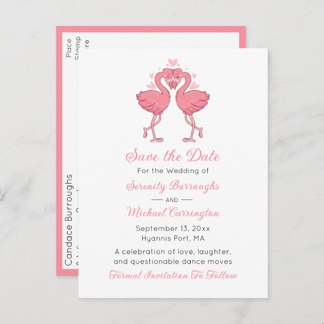 Tropical Pink Flamingo Beach Wedding Save the Date Postkarte (Vorne/Hinten)