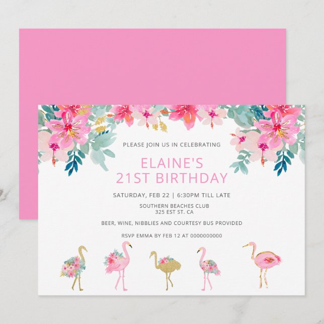 Tropical Pink Flamingo Geburtstagsparty Einladung (Vorne/Hinten)