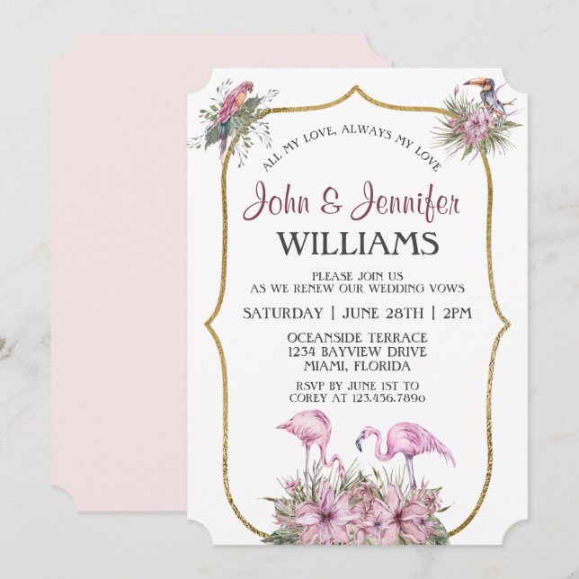 Tropical Pink Flamingo Gold Vow Renewal Einladung (Vorne/Hinten)