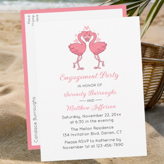 Tropical Pink Flamingo Hawaiian Engagement Party Einladungspostkarte (Von Creator hochgeladen)