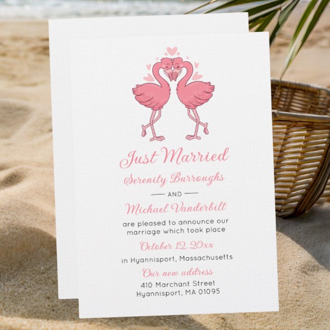 Tropical Pink Flamingo Just Married Announcement Einladung (Von Creator hochgeladen)