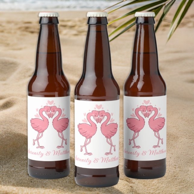 Tropical Pink Flamingos Summer Beach Wedding Bierflaschenetikett (Von Creator hochgeladen)