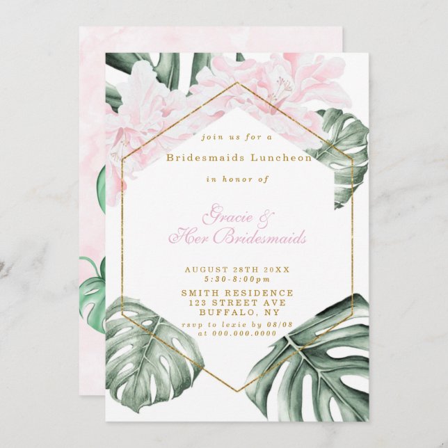 Tropical Pink Floral Bridesmaids Luncheon Invites (Vorne/Hinten)
