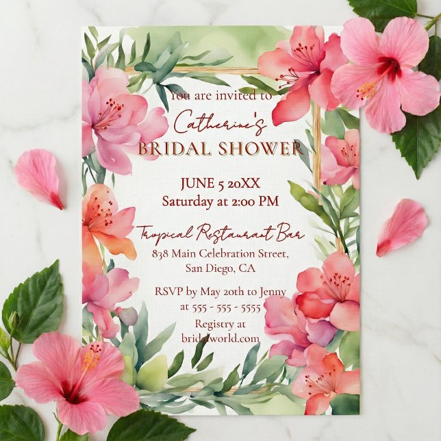 Tropical Pink Floral Greenery Gold Bridal Shower Einladung (Von Creator hochgeladen)