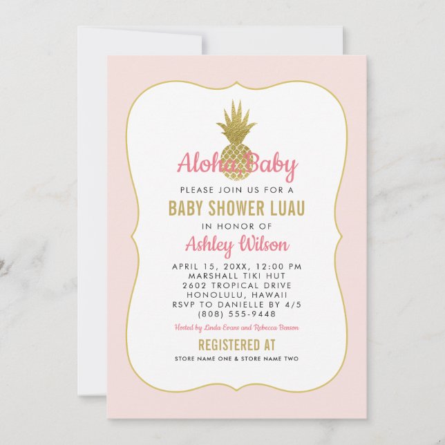Tropical Pink Gold Ananas Baby Girl Shower Luau Einladung (Vorderseite)