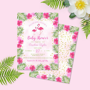 Tropical Pink Gold Flamingo Floral Baby Shower Einladung