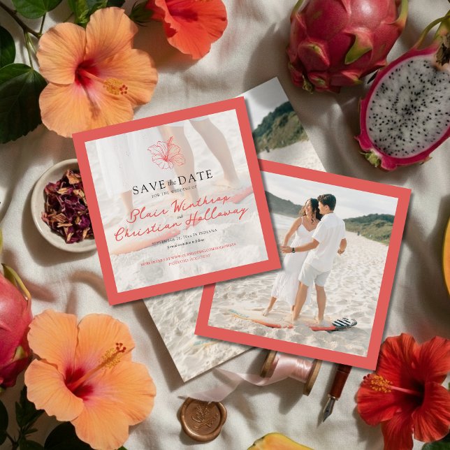 Tropical Pink Hibiscus Double Sided Photo Wedding Save The Date (Invite guests to your destination wedding day with this Tropical Pink Hibiscus Save the Date!)
