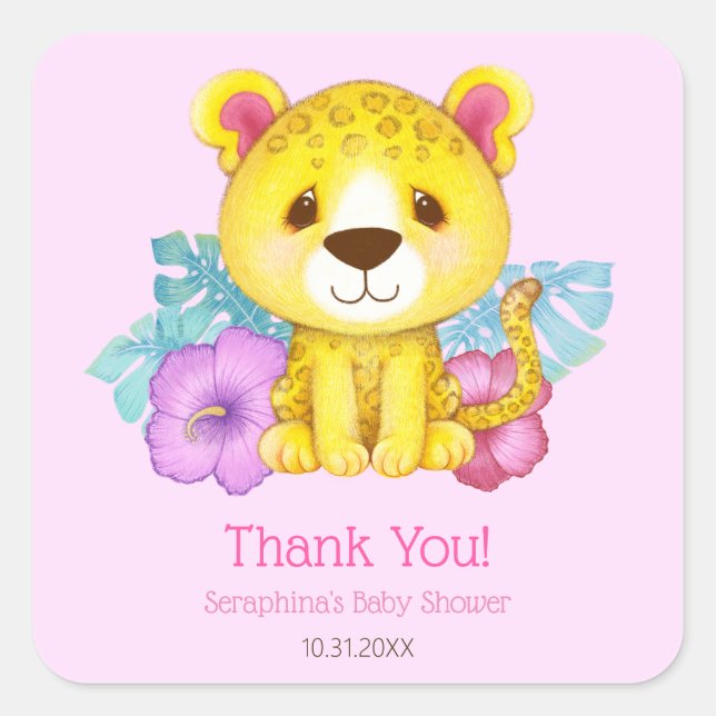 Tropical Pink Leopard Baby Dusche Vielen Dank Quadratischer Aufkleber (Vorderseite)