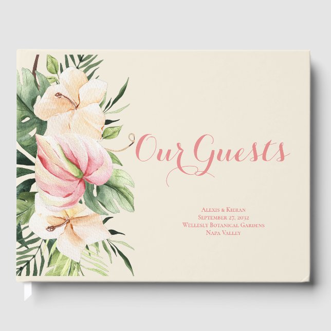 Tropical Plumeria & Flamingo Lily Floral Guest Boo Gästebuch (Vorderseite)