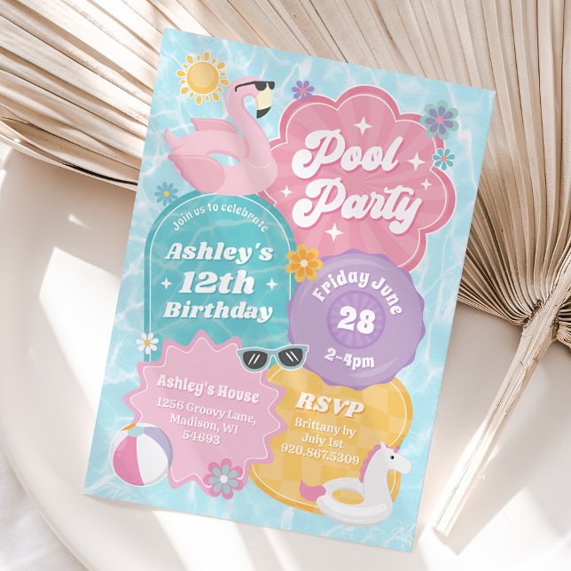 Tropical Pool Party Retro Sommer Geburtstag Party Einladung (Tropical Pool Party Invitation)