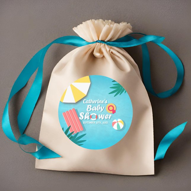 Tropical Pool Party Summer Baby Dusche Runder Aufkleber (Von Creator hochgeladen)