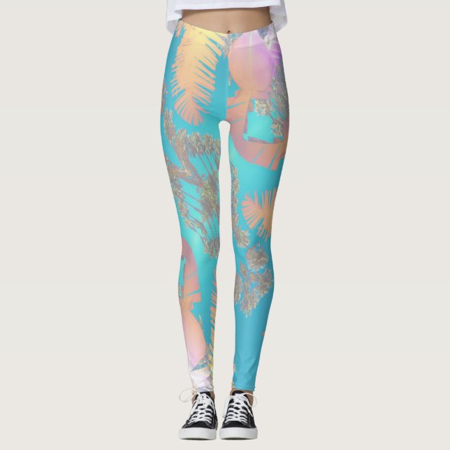 Tropical Positive Vibes Palm Tree Blätter Leggings (Vorderseite)