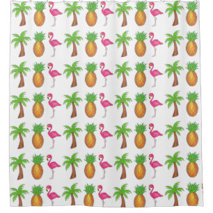 Tropical Print Palm Tree Ananas Pink Flamingo Duschvorhang
