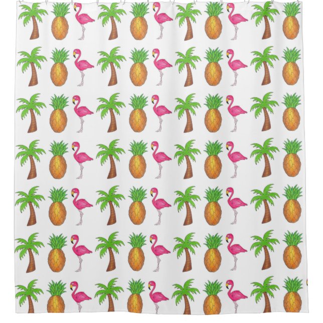 Tropical Print Palm Tree Ananas Pink Flamingo Duschvorhang (Vorderseite)