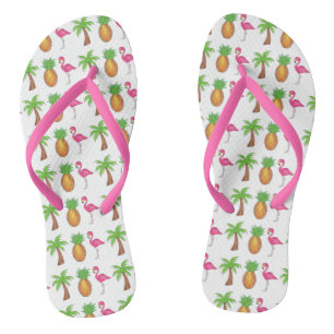Tropical Print Palm Tree Ananas Pink Flamingo Flip Flops