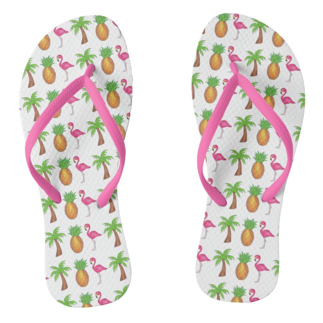 Tropical Print Palm Tree Ananas Pink Flamingo Flip Flops (Fußbett)