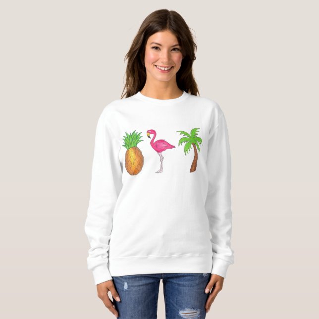 Tropical Print Palm Tree Ananas Pink Flamingo Sweatshirt (Vorne ganz)