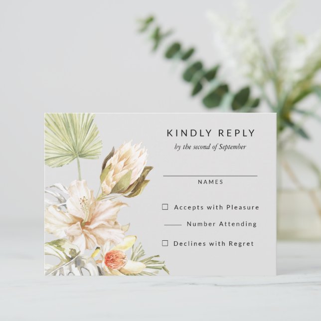 Tropical Protea Blume Hochzeit RSVP Antwort (Stehend Vorderseite)