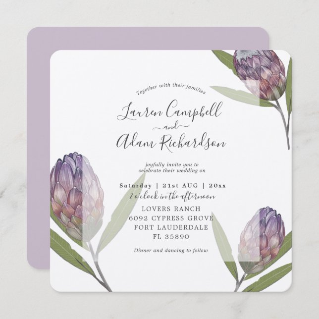 Tropical Protea Lila Watercolor Hochzeit Einladung (Vorne/Hinten)