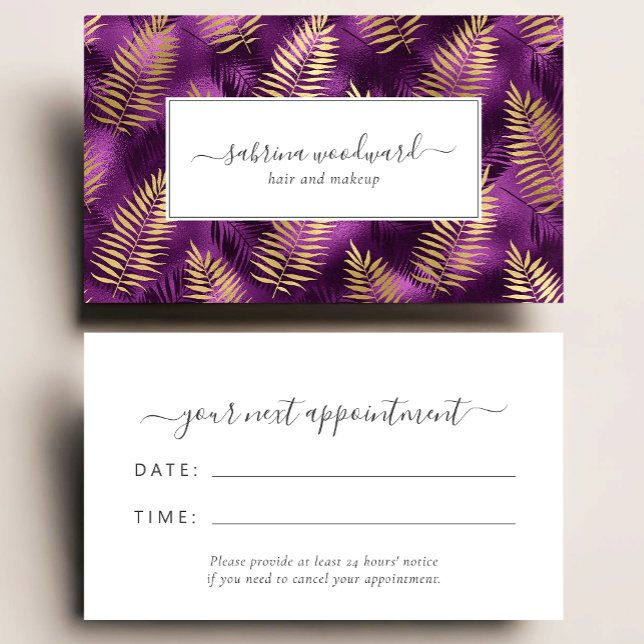 Tropical Purple Gold Foliage Pattern Appointment Visitenkarte (Von Creator hochgeladen)