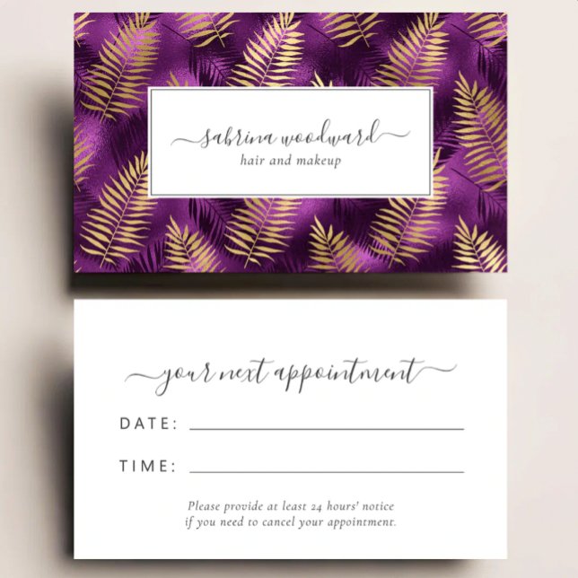 Tropical Purple Gold Foliage Pattern Appointment Visitenkarte (Von Creator hochgeladen)